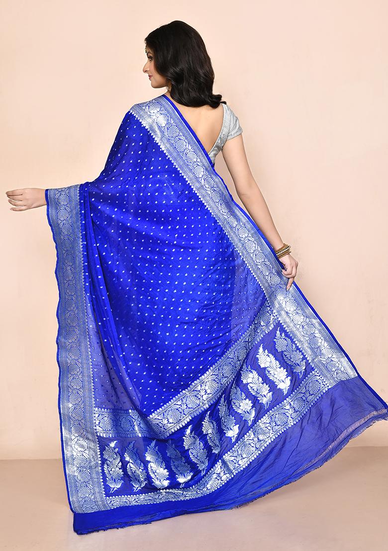 Royal Blue Zari Work Banarasi Silk Saree Set
