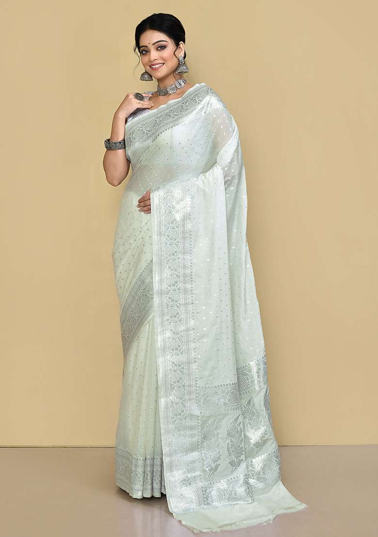 White Zari Work Banarasi Silk Saree Set - Indya