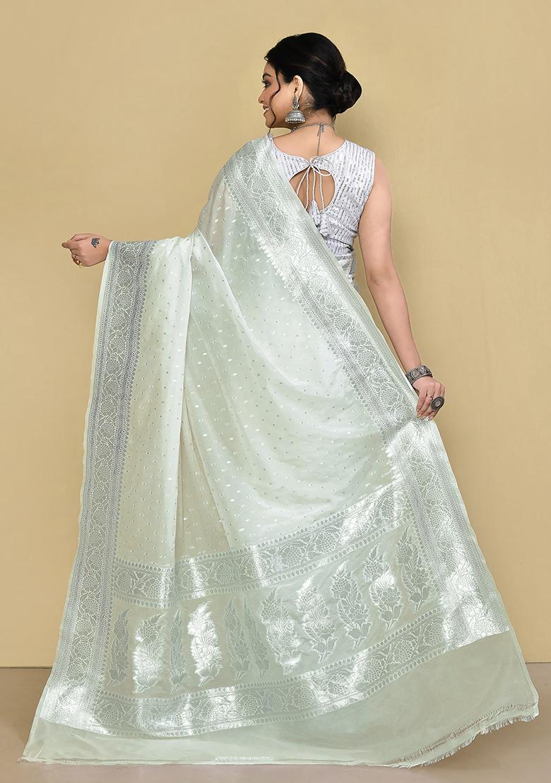 White Zari Work Banarasi Silk Saree Set