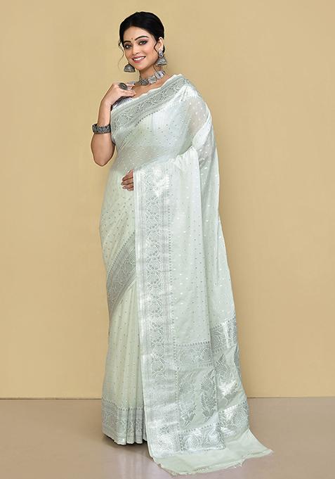 White Zari Work Banarasi Silk Saree Set