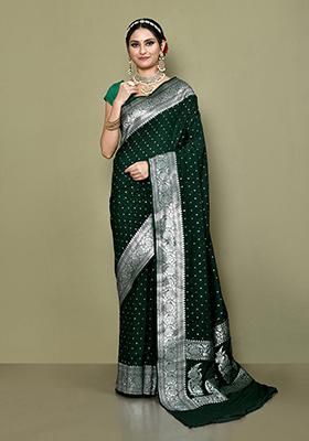 Botle Green Zari Work Banarasi Silk Saree Set