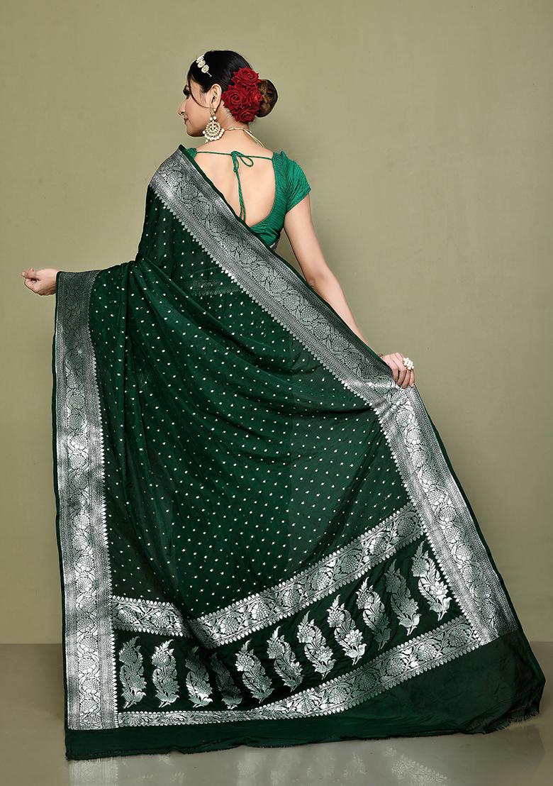 Botle Green Zari Work Banarasi Silk Saree Set