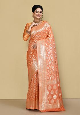 Peach Zari Work Banarasi Silk Saree Set
