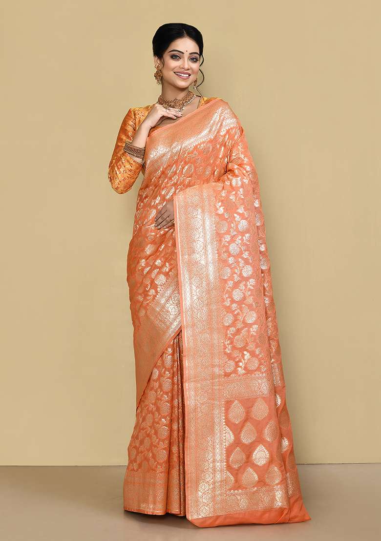 Peach Zari Work Banarasi Silk Saree Set - Indya