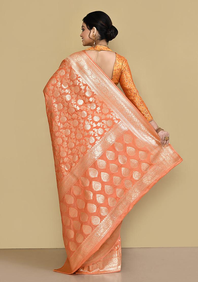 Peach Zari Work Banarasi Silk Saree Set