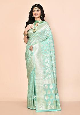 Sea Green Zari Work Banarasi Silk Saree Set