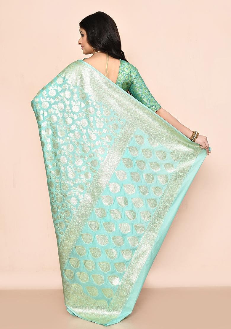 Sea Green Zari Work Banarasi Silk Saree Set