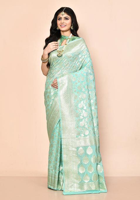 Sea Green Zari Work Banarasi Silk Saree Set