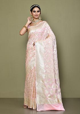 Pink Zari Work Banarasi Silk Saree Set