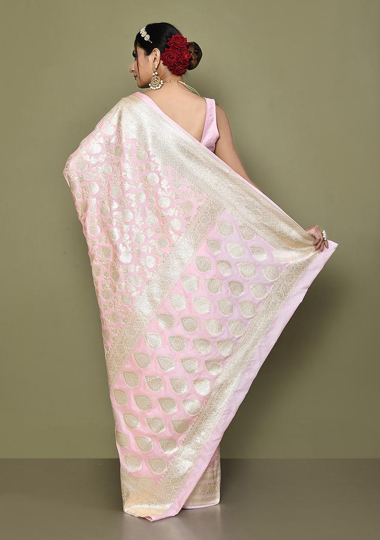Pink Zari Work Banarasi Silk Saree Set