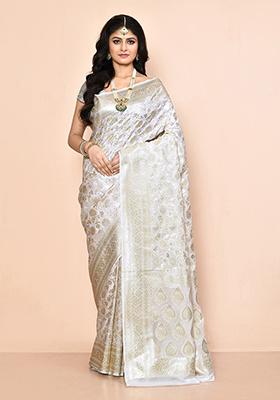 White Zari Work Banarasi Silk Saree Set