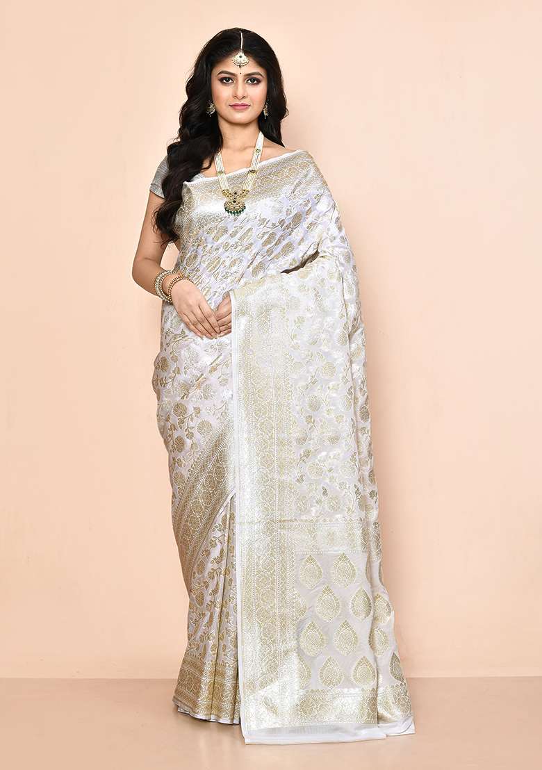 White Zari Work Banarasi Silk Saree Set - Indya