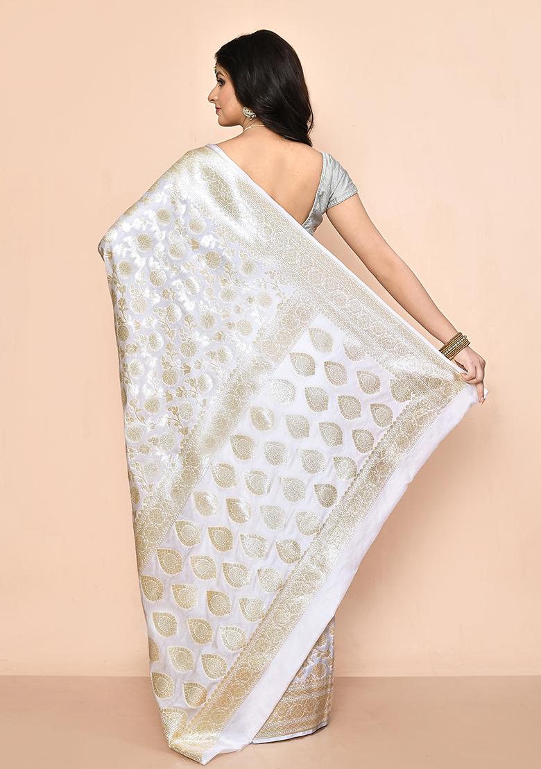 White Zari Work Banarasi Silk Saree Set