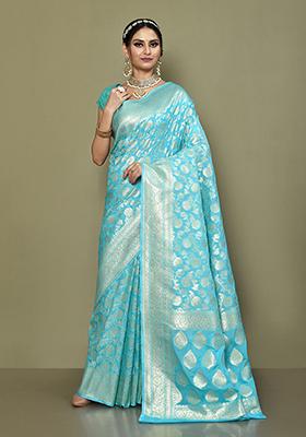 Sea Blue Zari Work Banarasi Silk Saree Set
