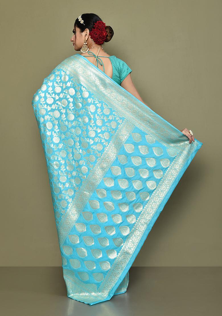 Sea Blue Zari Work Banarasi Silk Saree Set