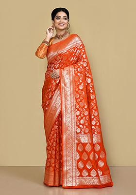 Rust Orange Zari Work Banarasi Silk Saree Set