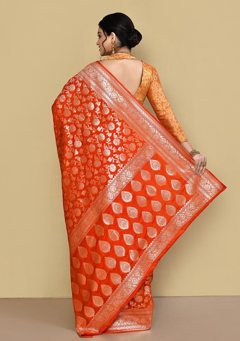Rust Orange Zari Work Banarasi Silk Saree Set
