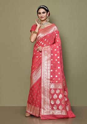 Red Zari Work Banarasi Silk Saree Set