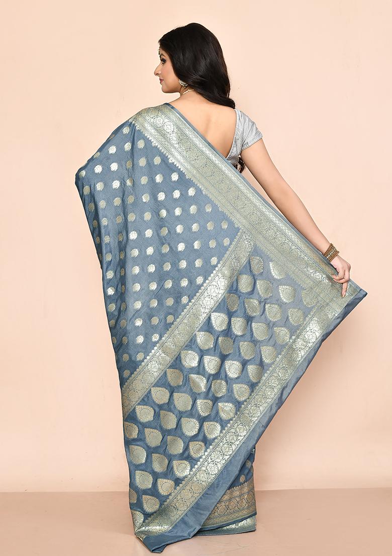Grey Zari Work Banarasi Silk Saree Set