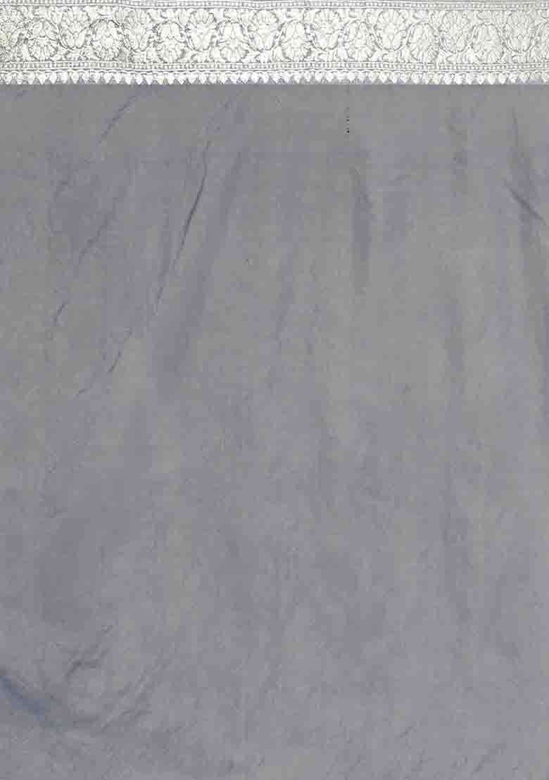 Grey Zari Work Banarasi Silk Saree Set - Indya