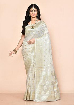 White Zari Work Banarasi Silk Saree Set