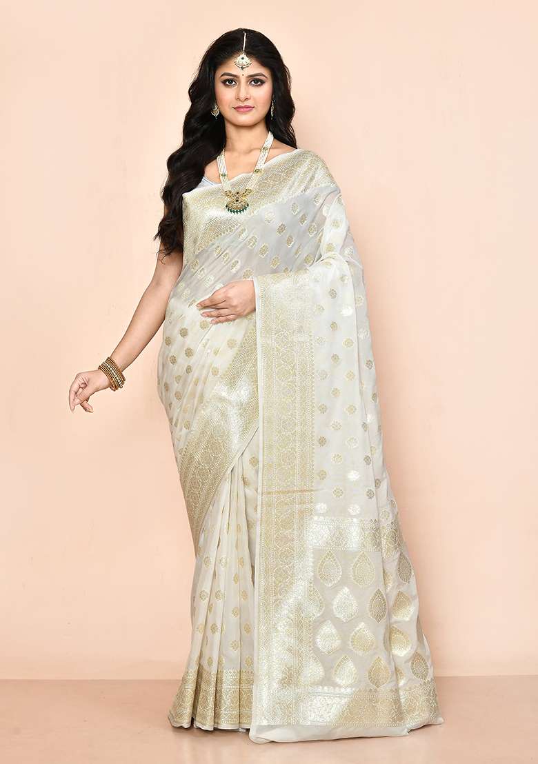 White Zari Work Banarasi Silk Saree Set - Indya