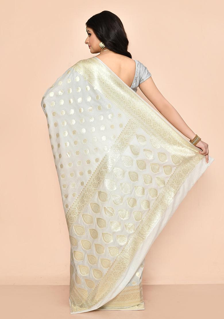 White Zari Work Banarasi Silk Saree Set