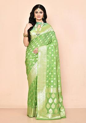 Pista Green Zari Work Banarasi Silk Saree Set