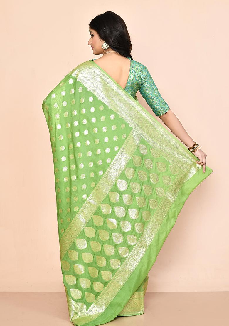Pista Green Zari Work Banarasi Silk Saree Set