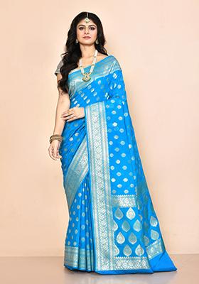 Light Blue Zari Work Banarasi Silk Saree Set