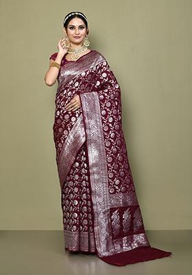 Maroon Zari Work Banarasi Silk Saree Set