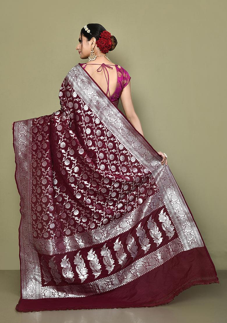 Maroon Zari Work Banarasi Silk Saree Set
