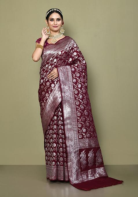 Maroon Zari Work Banarasi Silk Saree Set