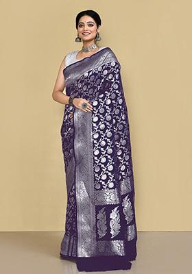 Dark Purple Zari Work Banarasi Silk Saree Set