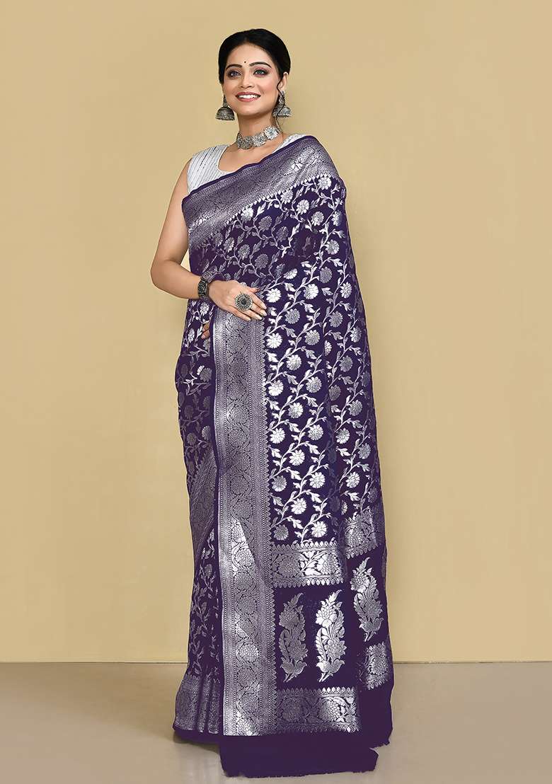 Dark Purple Zari Work Banarasi Silk Saree Set - Indya
