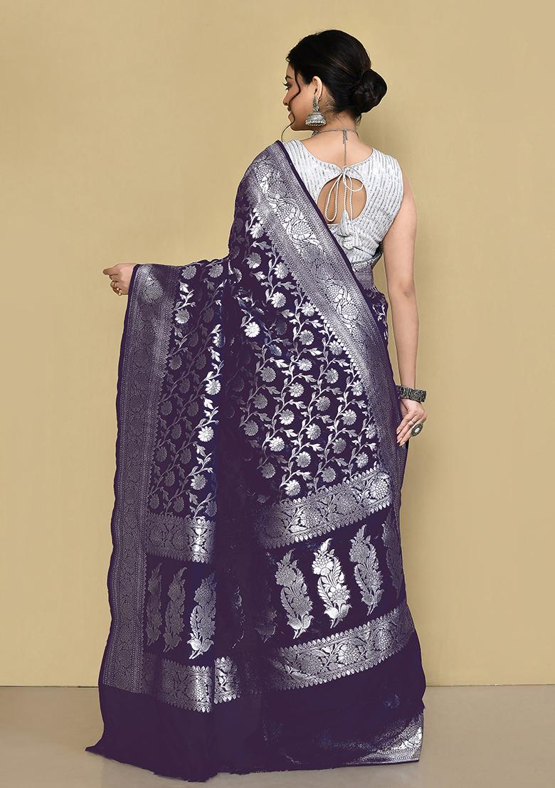 Dark Purple Zari Work Banarasi Silk Saree Set