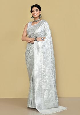 White Zari Work Banarasi Silk Saree Set