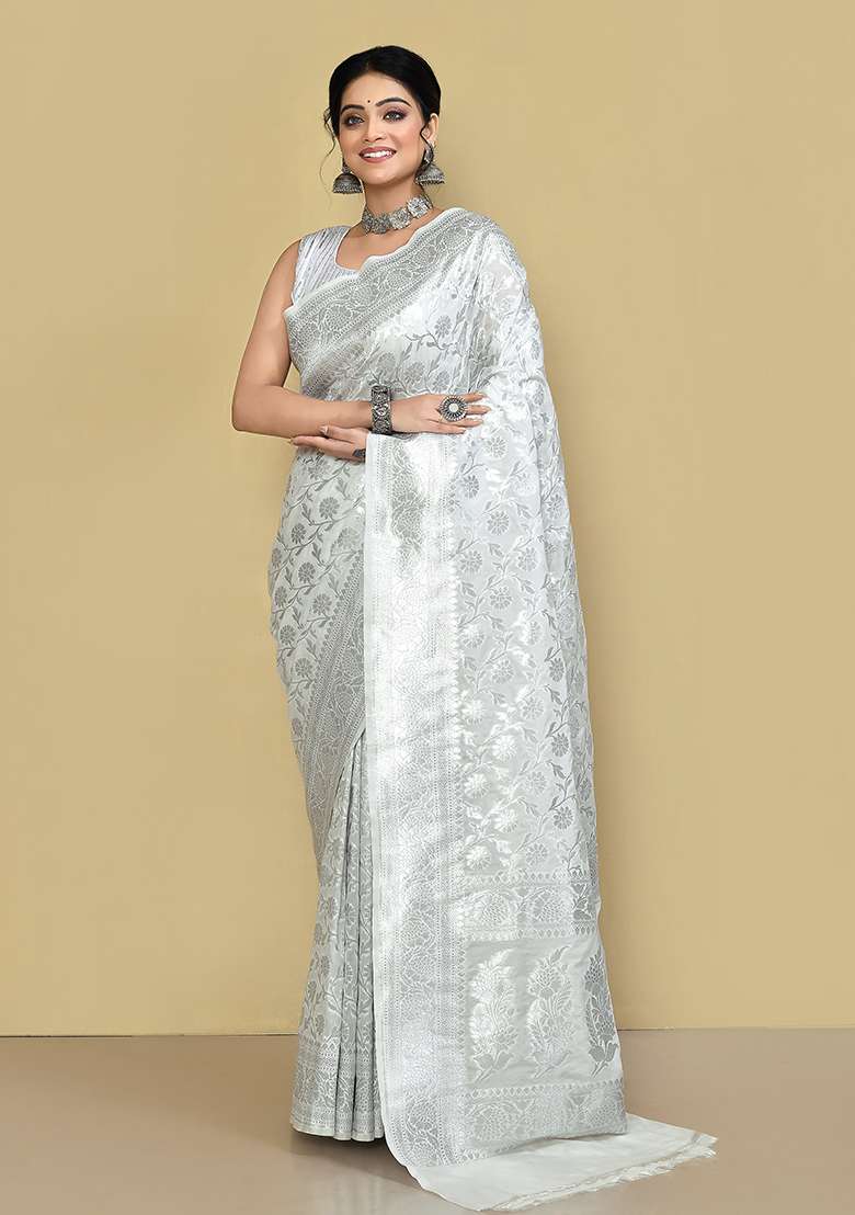 White Zari Work Banarasi Silk Saree Set - Indya