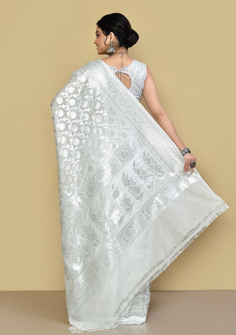 White Zari Work Banarasi Silk Saree Set