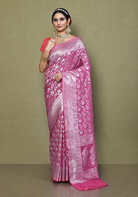 Pink Zari Work Banarasi Silk Saree Set