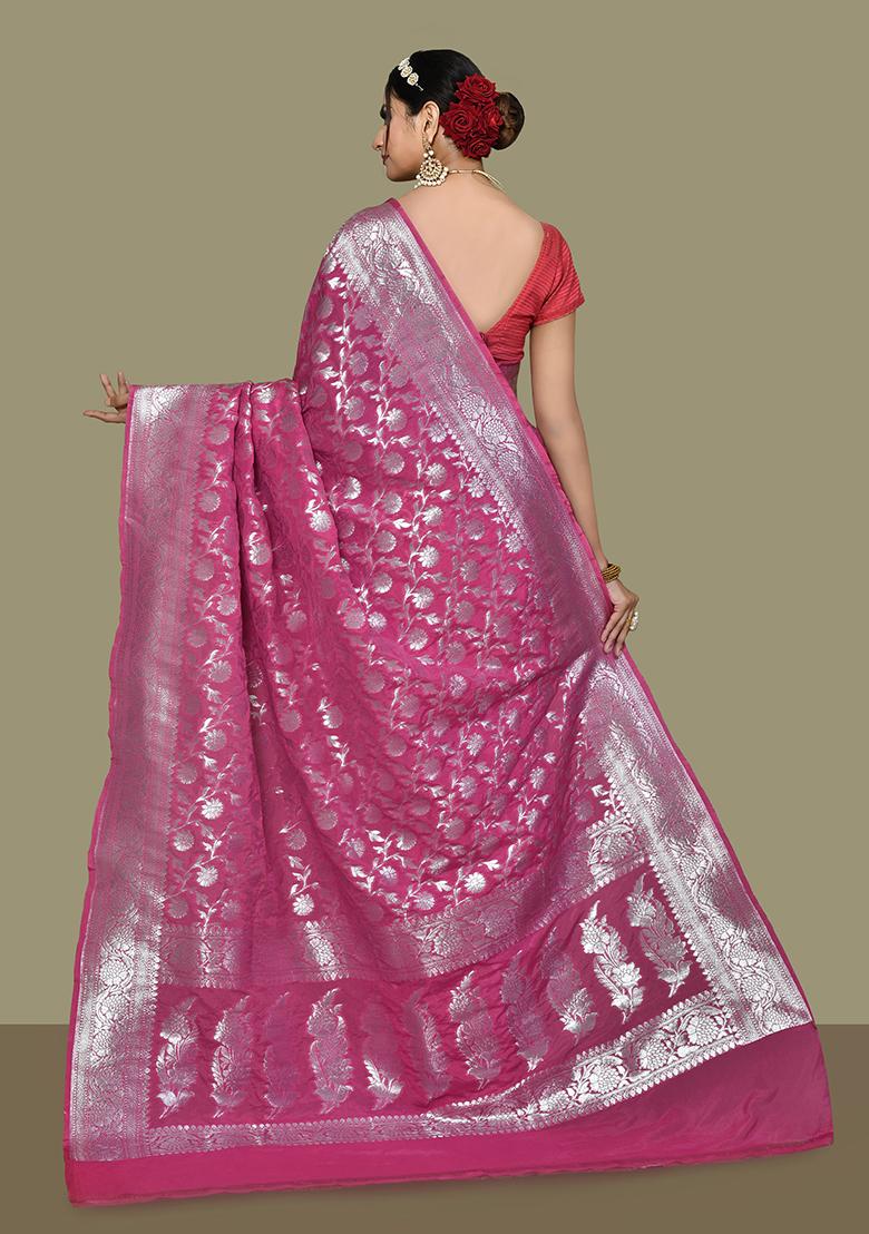 Pink Zari Work Banarasi Silk Saree Set