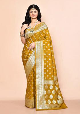 Mustard Yellow Zari Work Banarasi Silk Saree Set