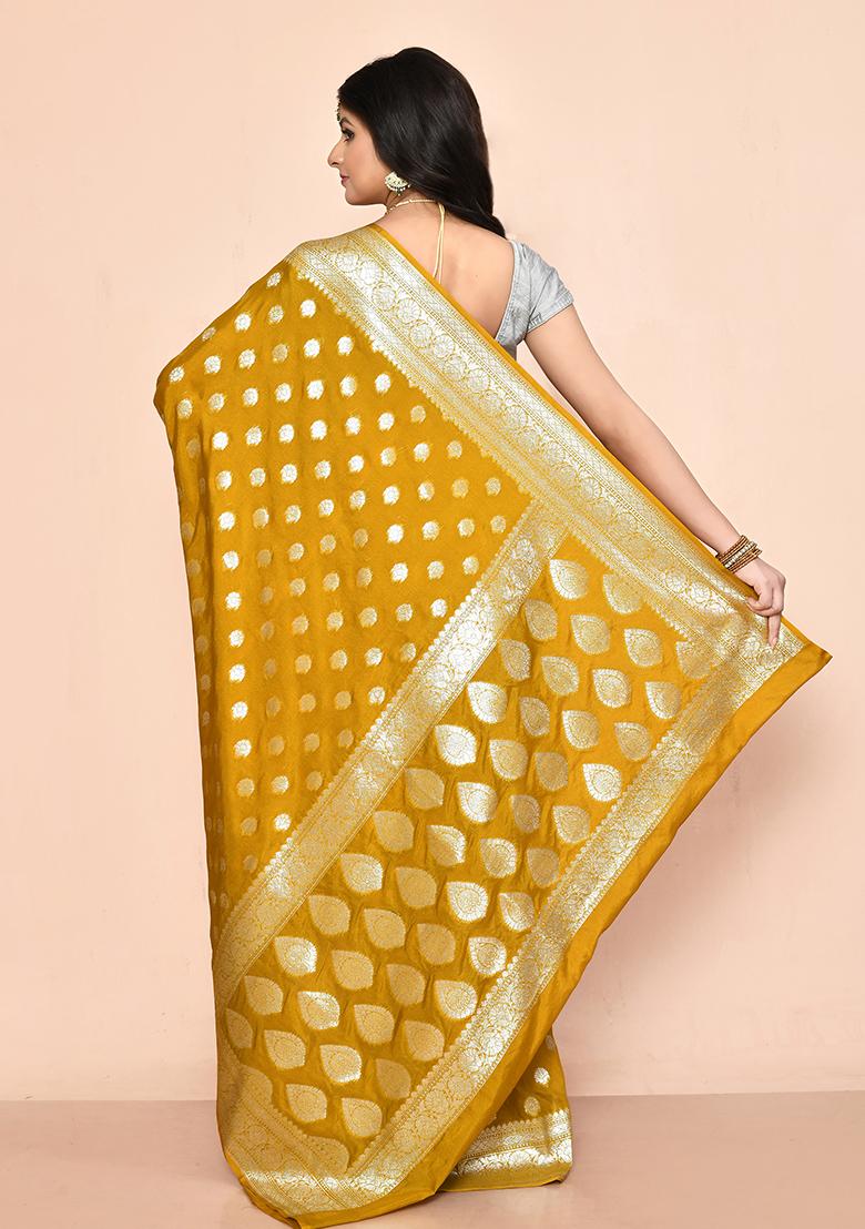 Mustard Yellow Zari Work Banarasi Silk Saree Set