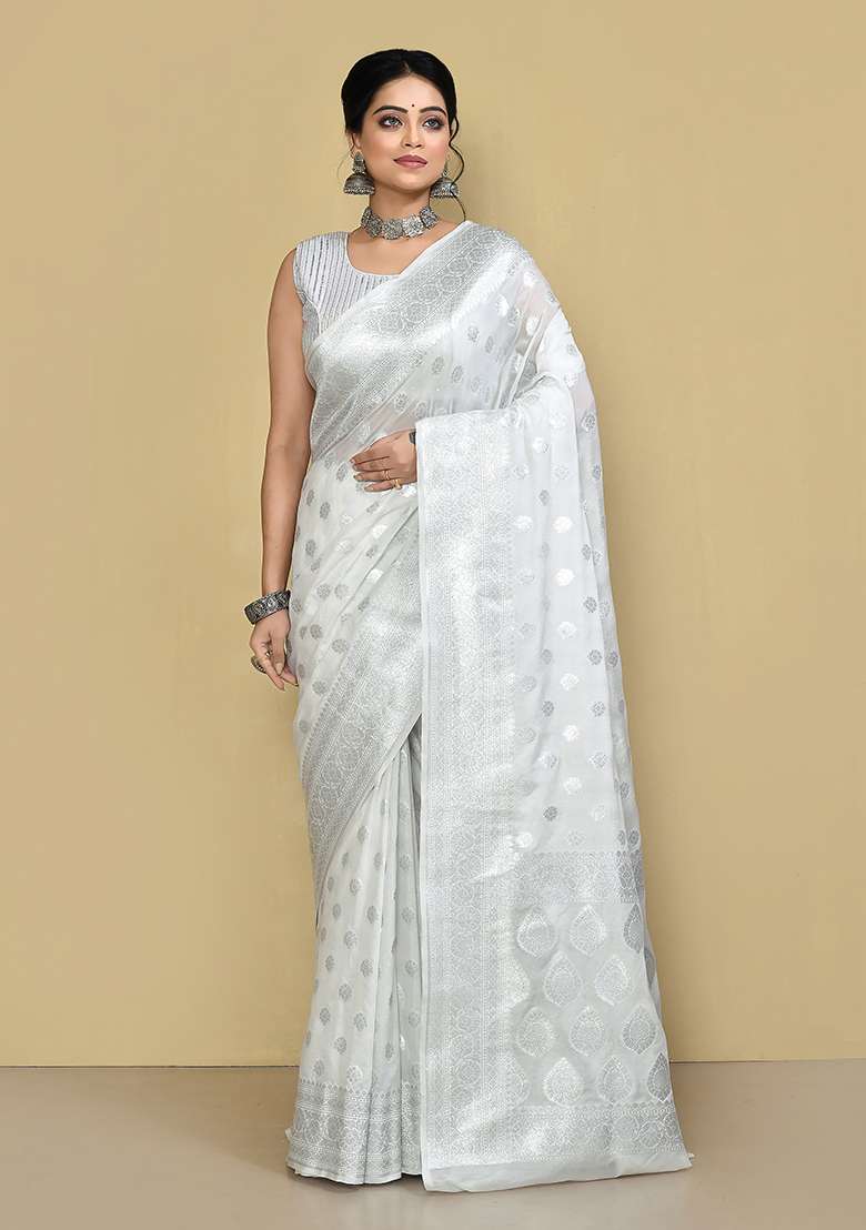 White Zari Work Banarasi Silk Saree Set - Indya