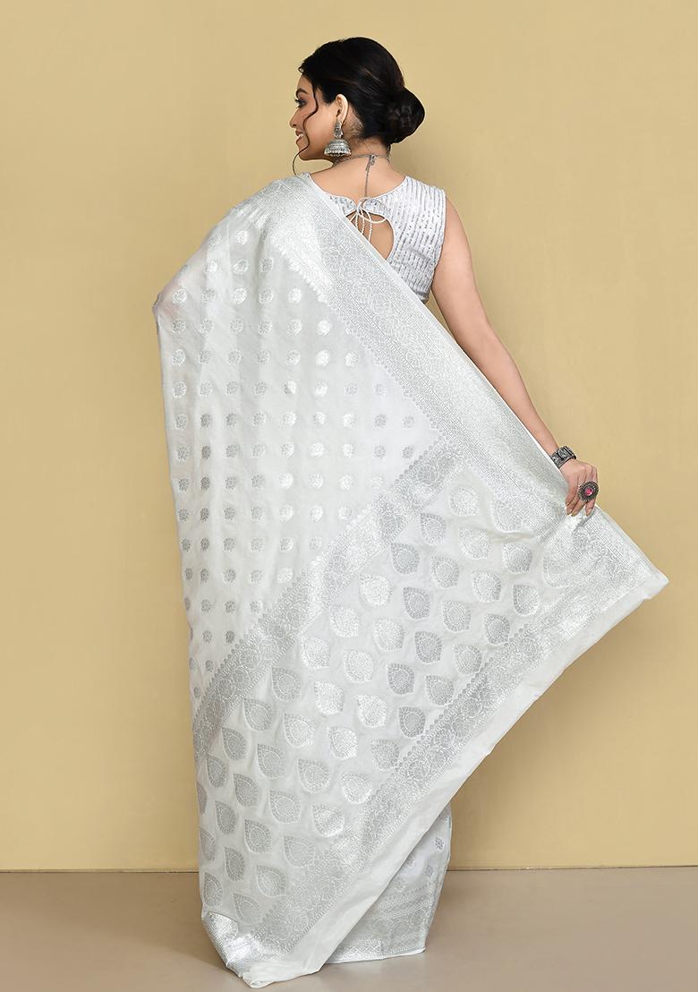 White Zari Work Banarasi Silk Saree Set