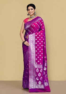 Magenta Zari Work Banarasi Silk Saree Set