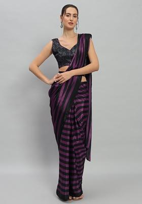 Purple Striped Satin Saree Set