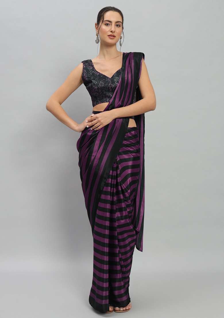 Purple Striped Satin Saree Set - Indya