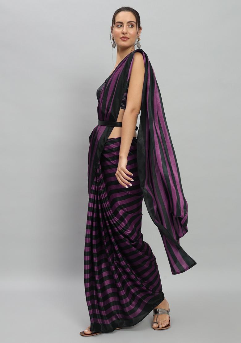 Purple Striped Satin Saree Set