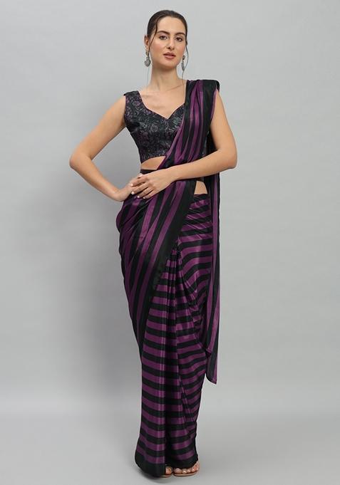 Purple Striped Satin Saree Set